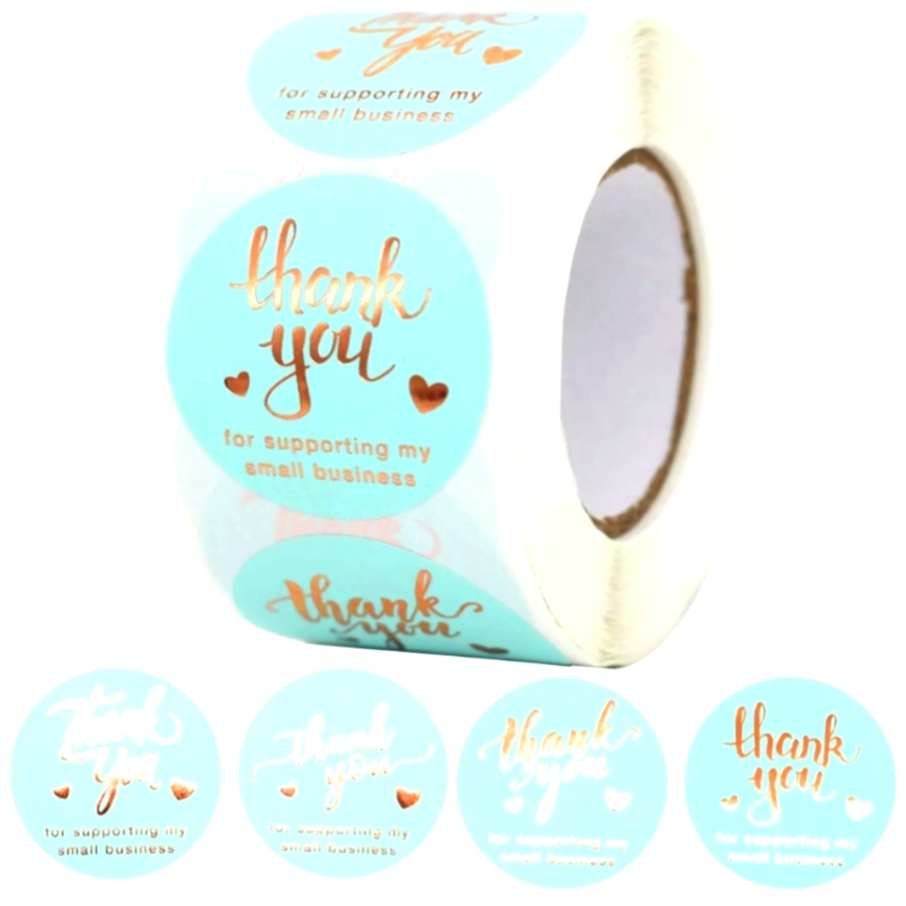 500 Thank You Stickers Roll -💛Gold and Blue🩵 500 per Roll 4 Designs